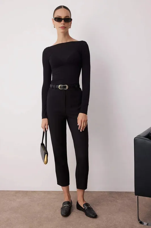 High Waist Slim Fit Cigarette Trousers - WOVCOR