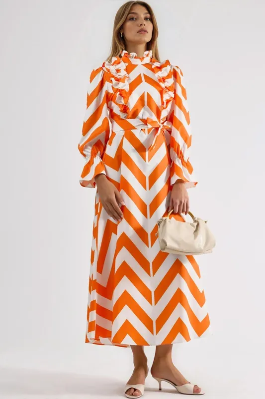 Geometric Frilly Maxi Dress with Half Turtleneck - MSN Collection
