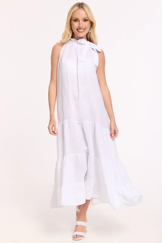 White Linen Tie Neck Tiered Maxi Dress - Liquorish