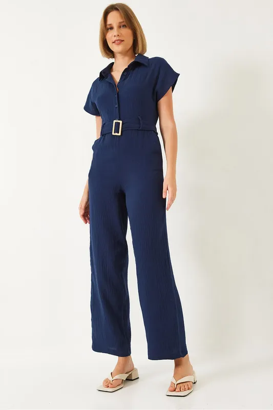 Long Poplin Jumpsuit with Shirt Collar and Button Closure - Bianco Lucci