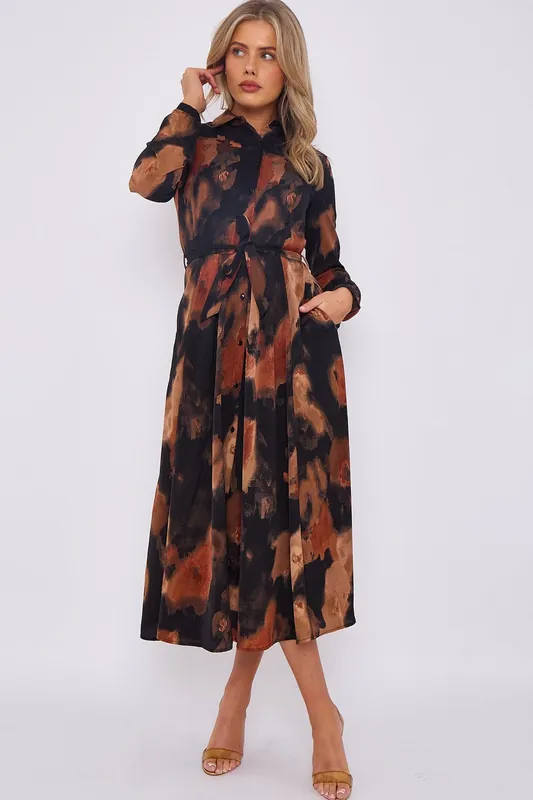 Brown Abstract Print Midaxi Shirt Dress - Love Sunshine