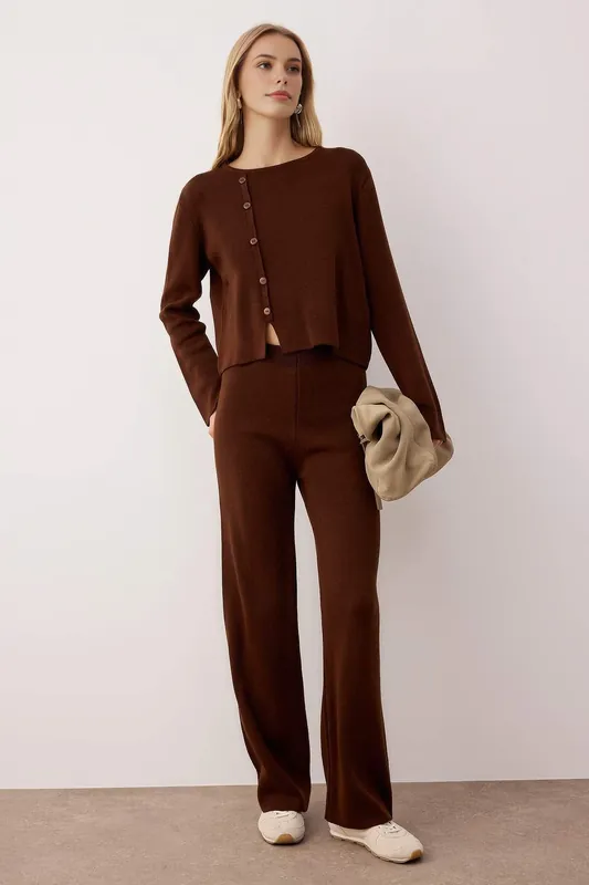 2-Piece Knit Asymmetric Button-Front Sweater and Wide-Leg Trouser Set