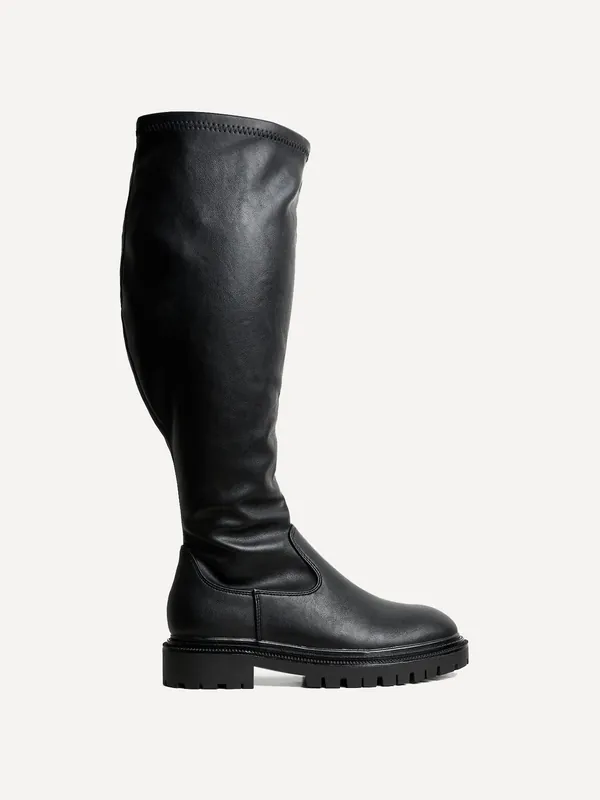 Briody Wide Fit Black Faux Leather Knee High Stretch Boot - Linzi