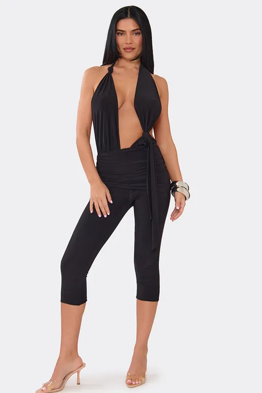 Sleeveless Halter Neck Knotted Tie Jumpsuit - EGO