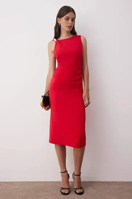 One-Shoulder Metal Ring Midi Bodycon Dress