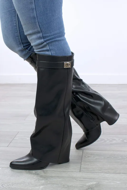 High Block Heel Pointed Toe Skirted Knee High Boots - AJVANI