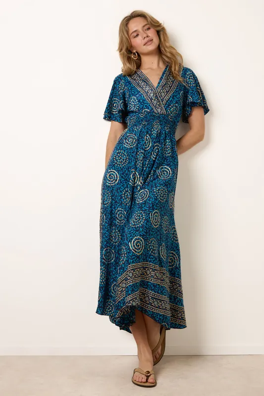 Blue Wrap Over Tie Back Maxi Dress - Blue Vanilla