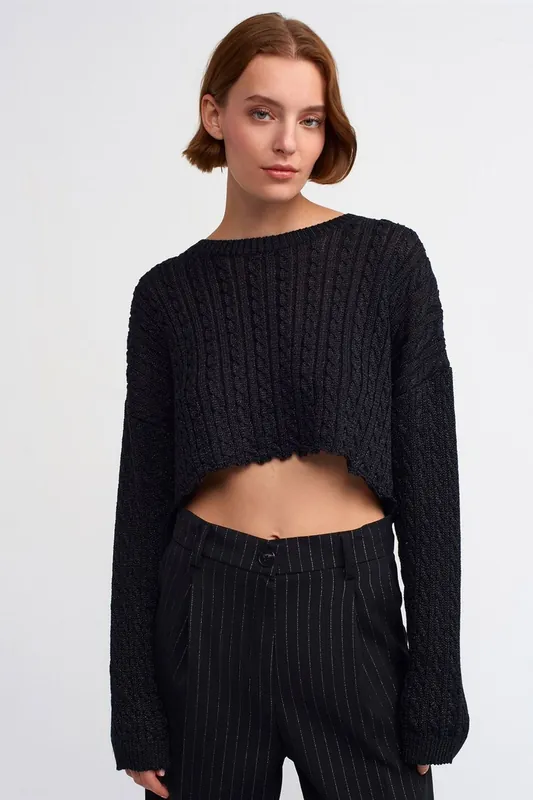 Crop Cable Knit Crew Neck Sweater - Dilvin