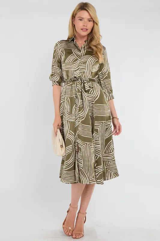 Khaki Geometric Print Half Sleeve Midi Shirt Dress - Love Sunshine