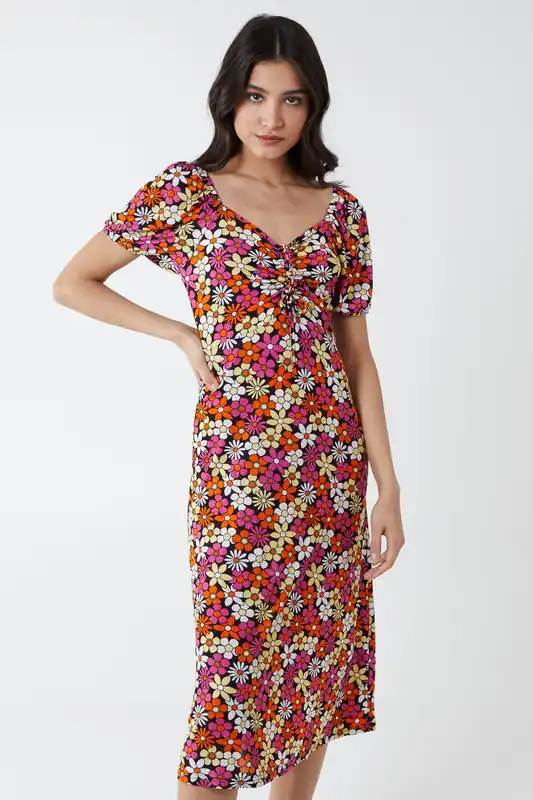 V Neck Ruched Milkmaid Midi Dress - Blue Vanilla