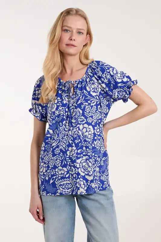 Shirred Sleeve Tie Front Top - Blue Vanilla