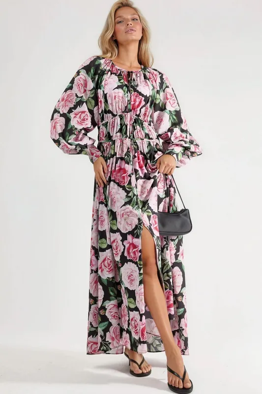 Floral Maxi Dress with Tie Closure - MSN Collection