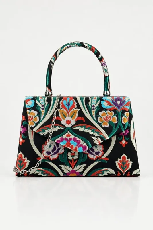 Floral Satin Embroidered Top Handle Bag - SVNX