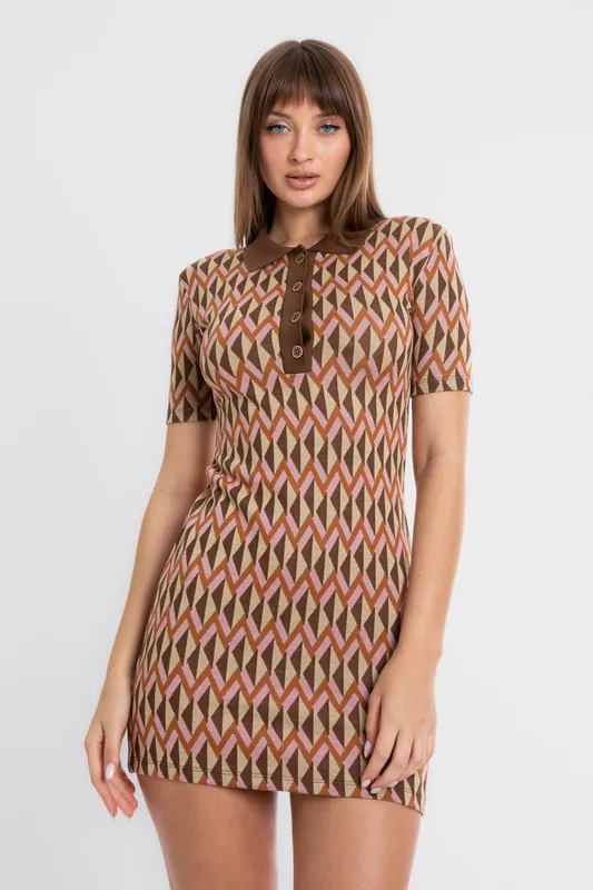 Geometric Polo Collar Short Sleeve Mini Vintage Dress - Hiccup