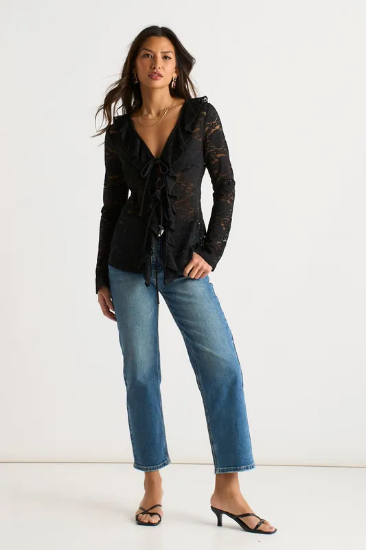 Black Jersey Lace Ruffle Tie Front Blouse - Gini London