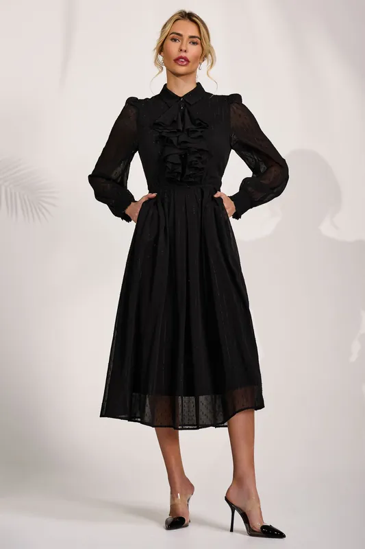 Textured Chiffon Long Sleeve Shirt Dress - Jolie Moi