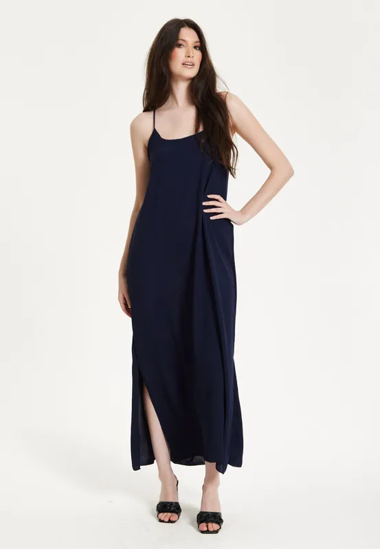 Navy Strappy Split Maxi Dress - Liquorish