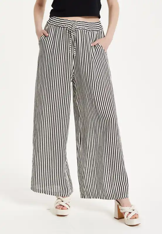 Black and White Striped Wide Leg Trousers - Liquorish