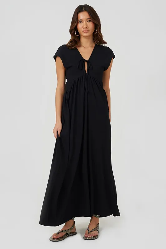 Textured Jersey V-Neck Midi Dress With Tie Detail