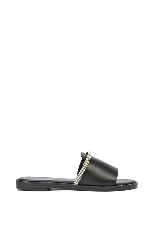 'Khai' Flat Sandal Sliders With Diamante Rhinestone Strap - XY London