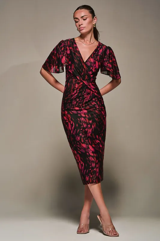 Print Mesh Angel Sleeve Bodycon Midi Dress - Jolie Moi