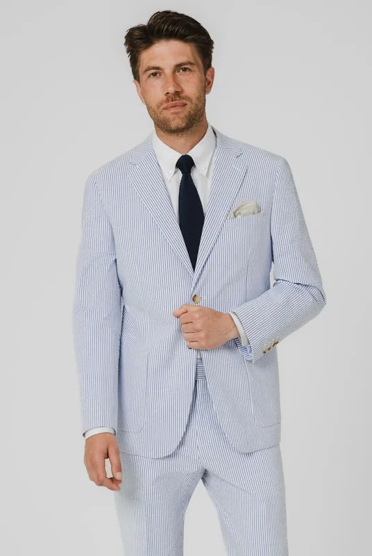 Blue/White Seersucker 2 Piece Suit - Dobell