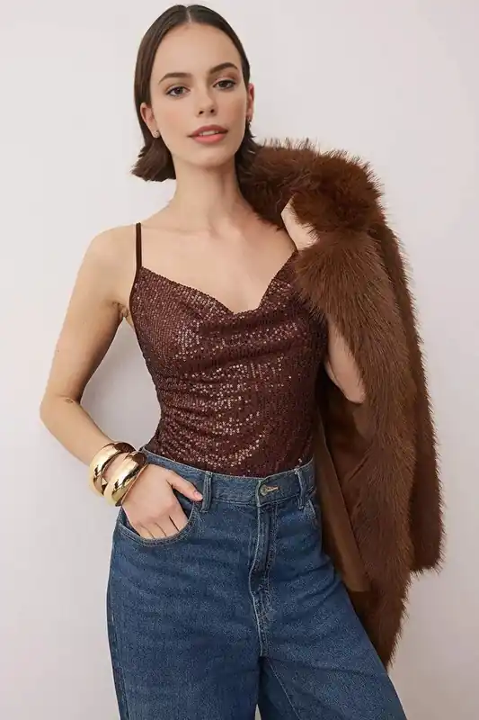 Sequin Cowl Neck Strappy Bodysuit - WOVCOR