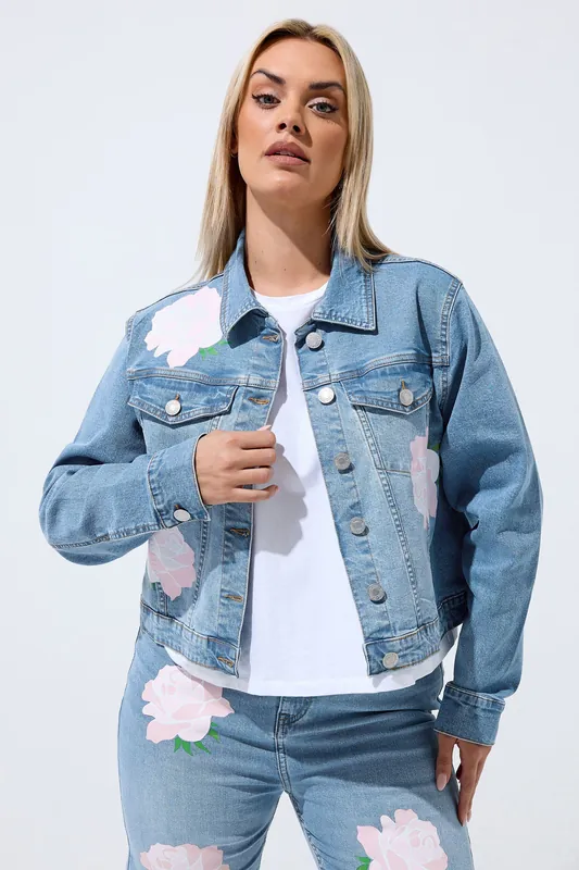 Rose Printed Denim Jacket - Yours
