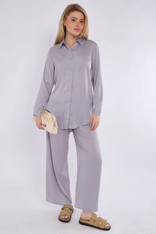 Ice Grey Satin Co-ord Shirt and Trousers Set