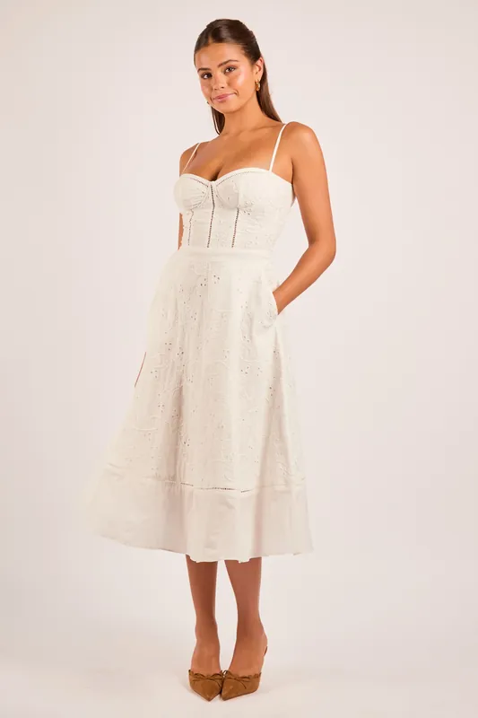 Shrena White Broderie Cotton Bustier Midi Dress - Jaded Rose