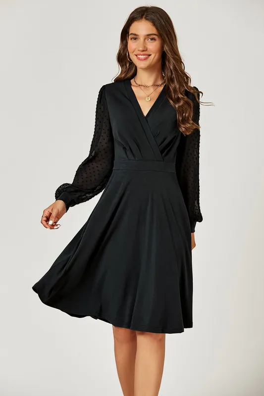V Neck Midi Dress With Sheer Long Sleeve - FS Collection