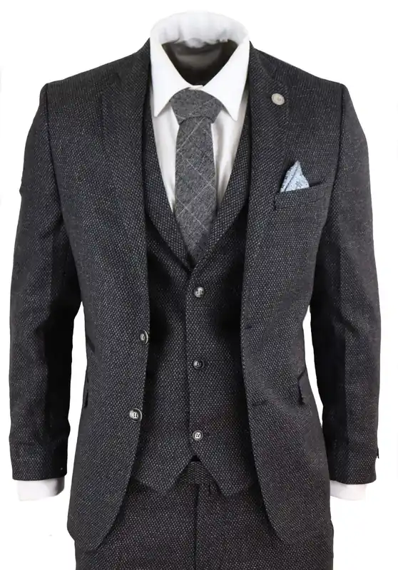 STZ14 Black Wool 3 Piece Suit Tweed - TruClothing