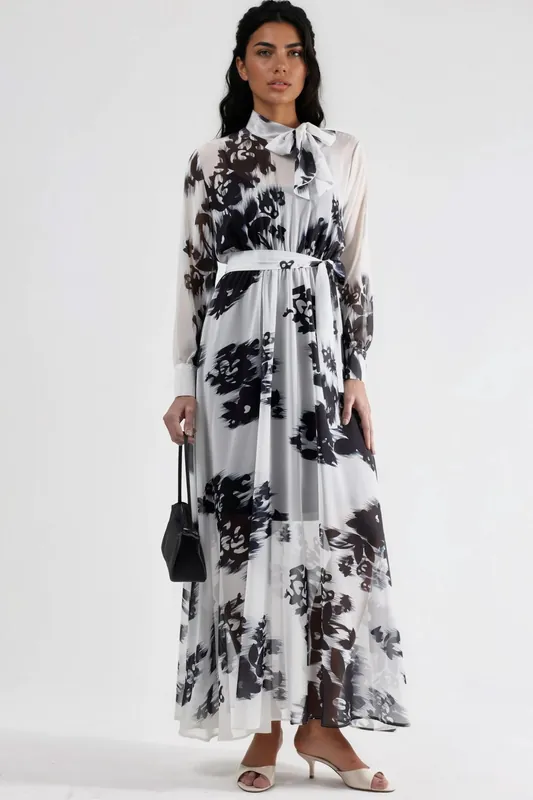 Floral Maxi Dress with Button Closure and Tie Detail - MSN Collection