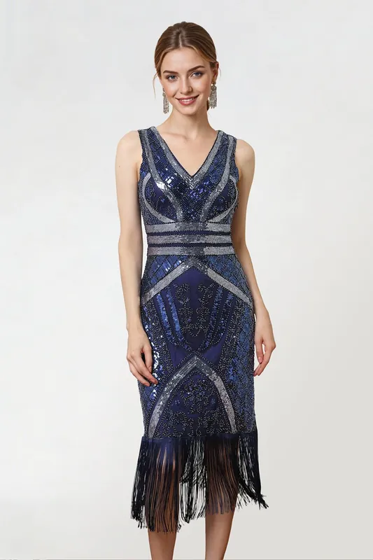 V-Neck Sequin Tassels Party Dress