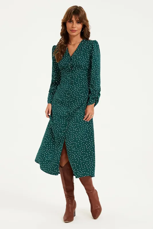 Dot Print Long Sleeve Button Front Midi Dress In Green - FS Collection
