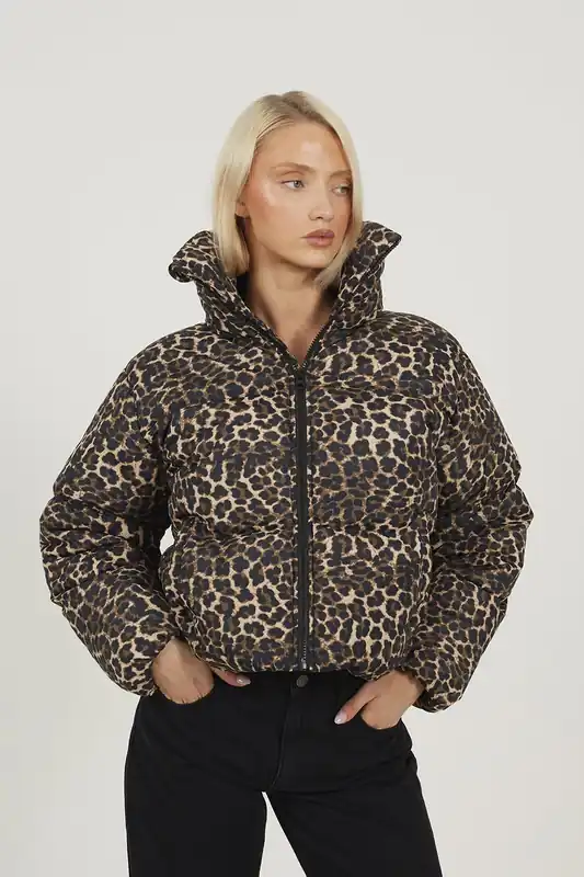 Leopard Print Short Puffer Jacket With Oversized Collar - Brave Soul