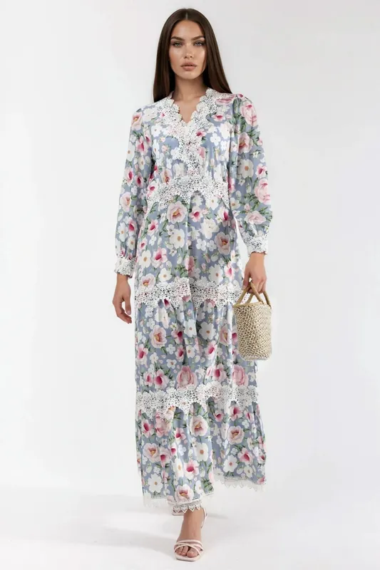 Floral Lace Detail Maxi Dress with V-Neck