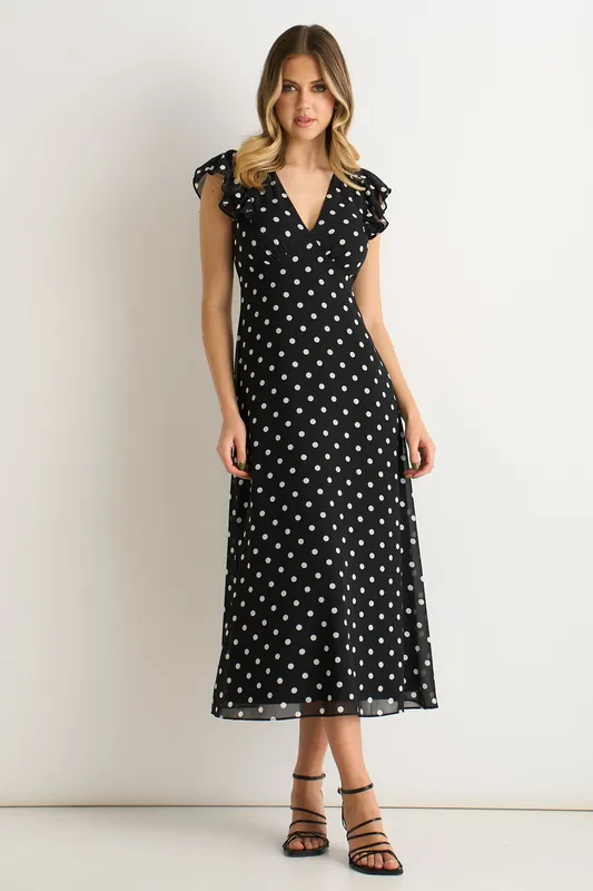 Black V Neck Angle Sleeves Skater Midi Dress - Gini London
