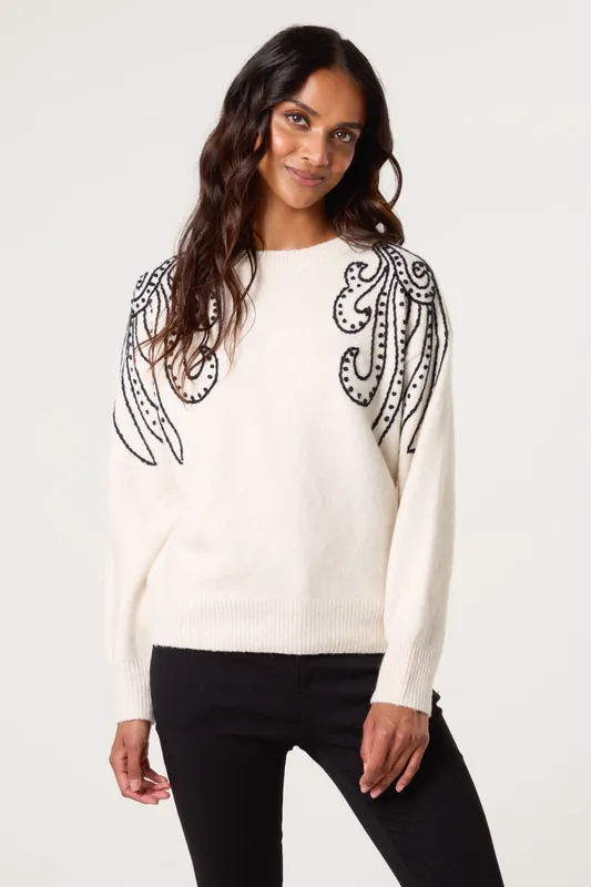 Ivory Embroidery Shoulder Detailing Jumper - Blue Vanilla