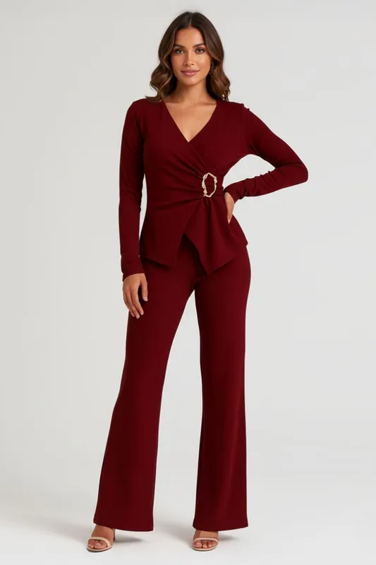 Peplum Wrap Long Sleeve and Wide Leg Trouser Co-ord Set
