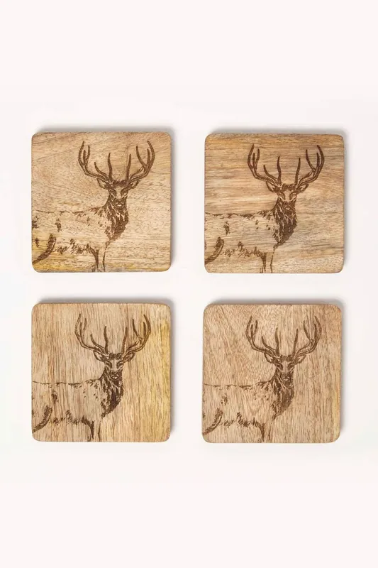 Wooden Coaster Set with Stag Design, Set of 4 - Homescapes
