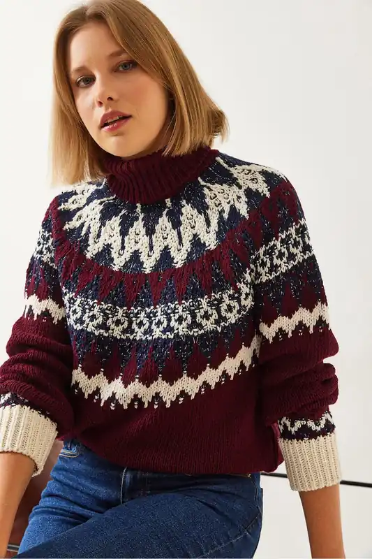 Turtleneck Jacquard Knit Sweater - Bianco Lucci