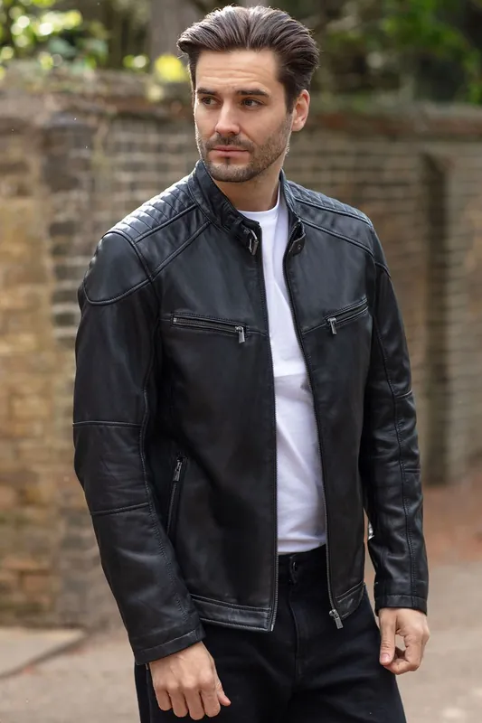 'Lent' Classic Leather Biker Jacket with Buckled Collar - Ashwood Leather