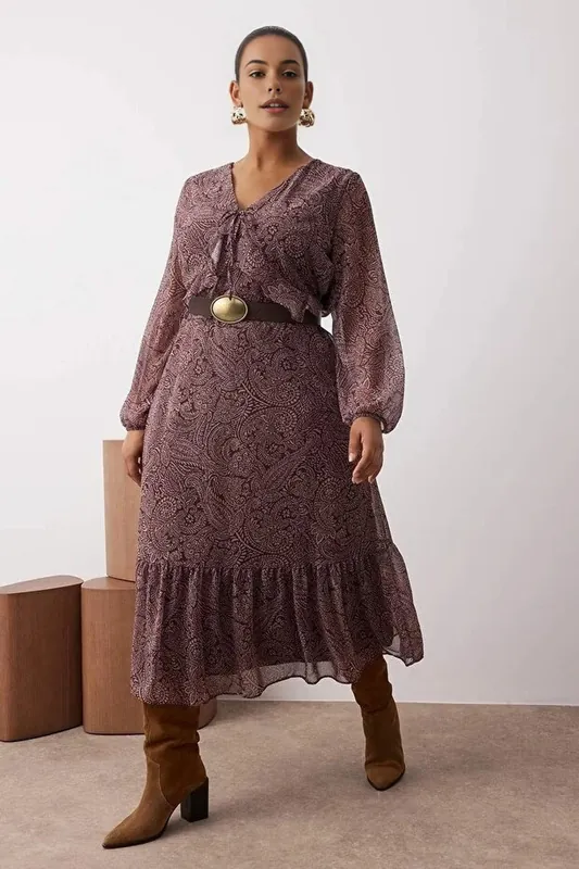 Paisley Print Tie Neck Long Sleeve Midi Dress - WOVCOR