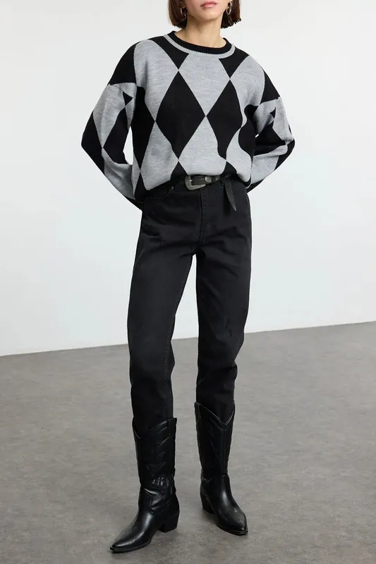 Argyle Pattern Crew Neck Knitted Sweater - WOVCOR