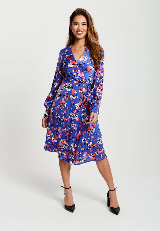 Multicolour Abstract Dot Print Midi Wrap Dress In Blue - Liquorish