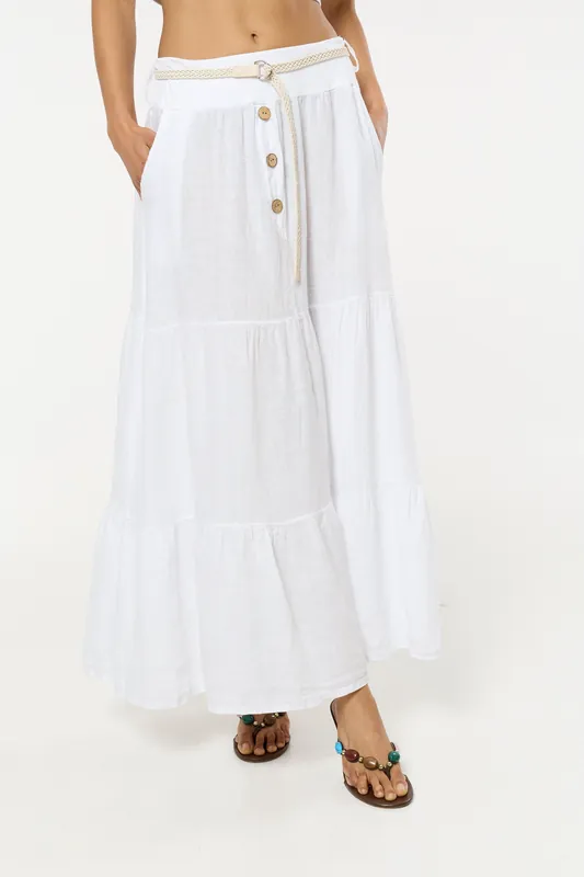 White Linen Tiered Maxi Skirt With Belt - Liquorish