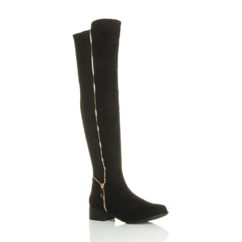Low Heel Elastic Gold Zip Faux Suede Knee High Boots - AJVANI