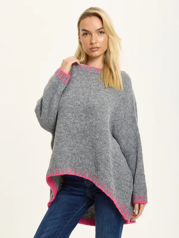 Grey Wool Blend Jumper Neon Pink Trim - Liquorish