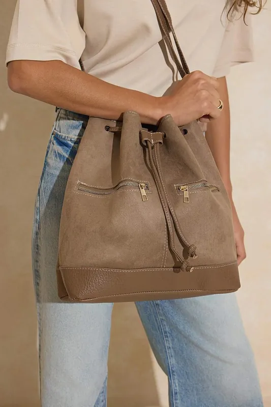Women's Faux Suede Drawstring Bucket Bag with Zip Detail - WOVCOR
